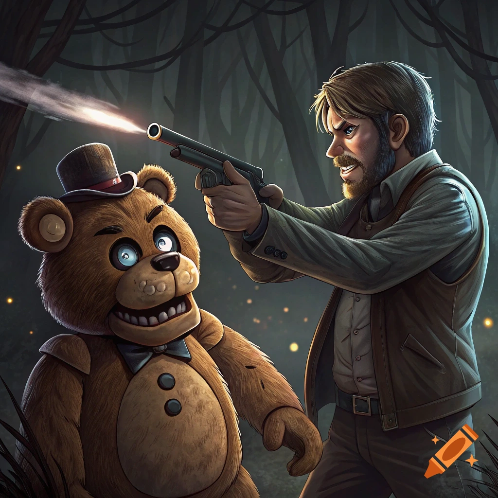 Illustration of a man shooting a large animatronic bear with a shotgun in a dark forest.