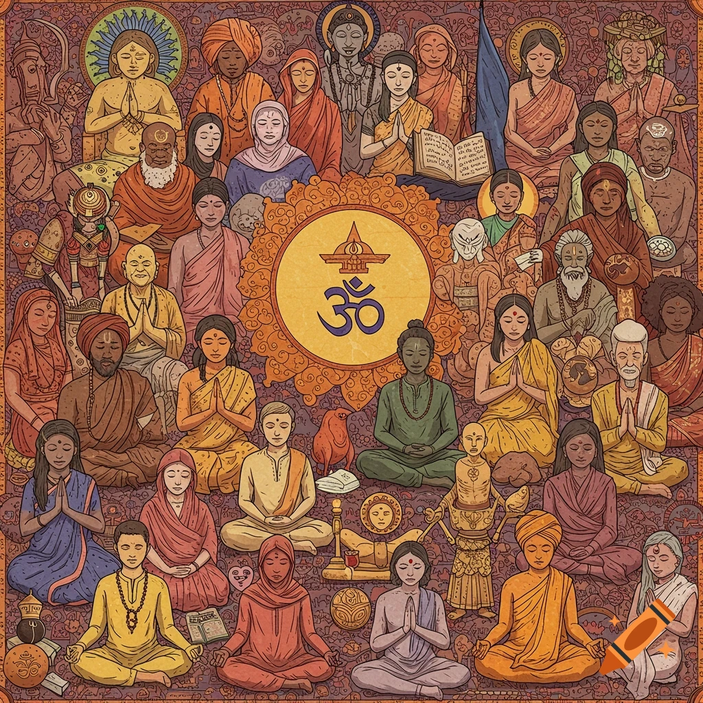 Many people in meditation and prayer poses surround a large Om symbol.