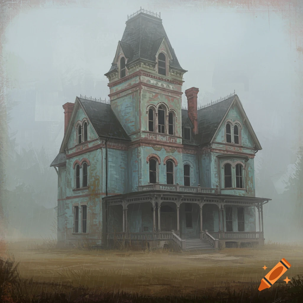 A dilapidated Victorian house is shrouded in a dense fog.