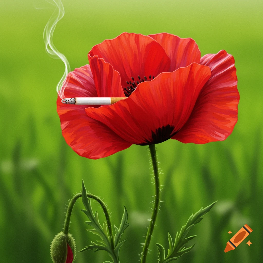 Red poppy flower smoking a cigarette with smoke rising