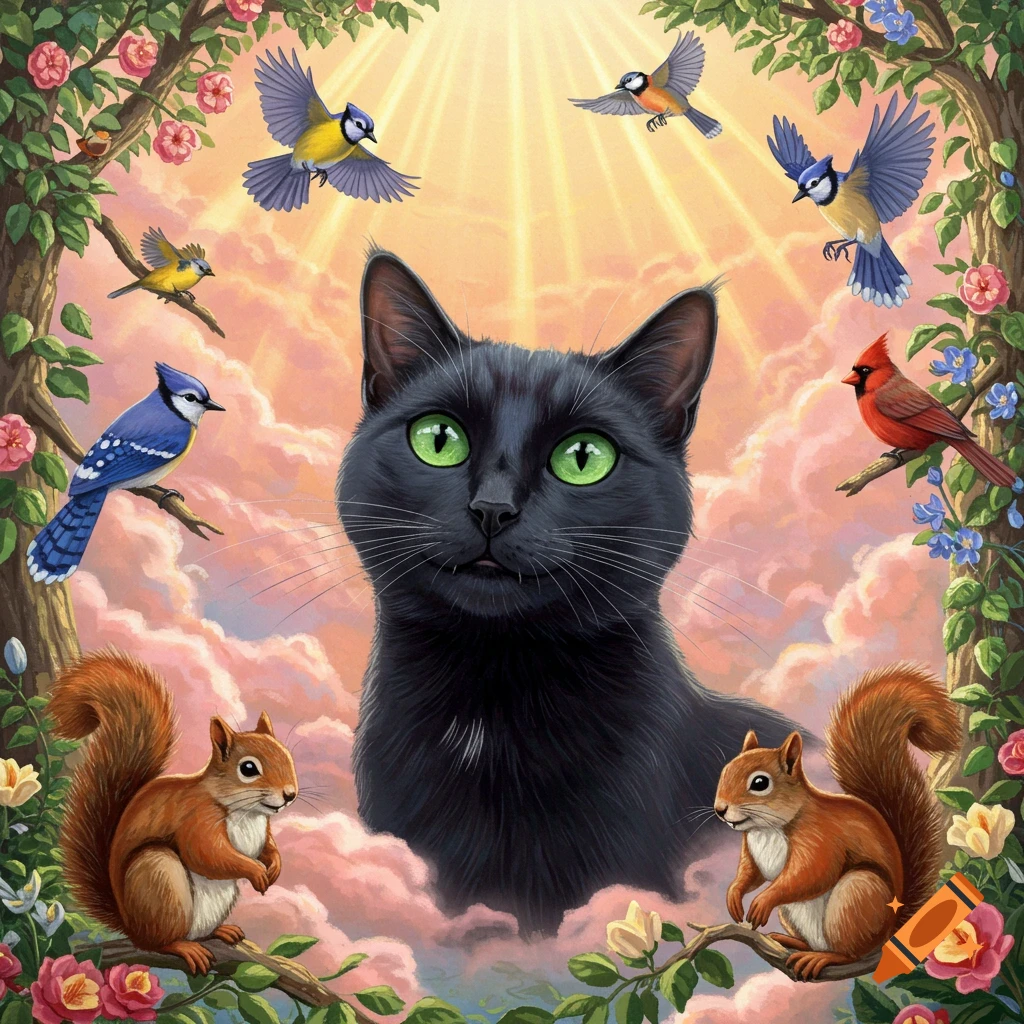A black cat is surrounded by birds and squirrels in a sunny, cloudy sky.
