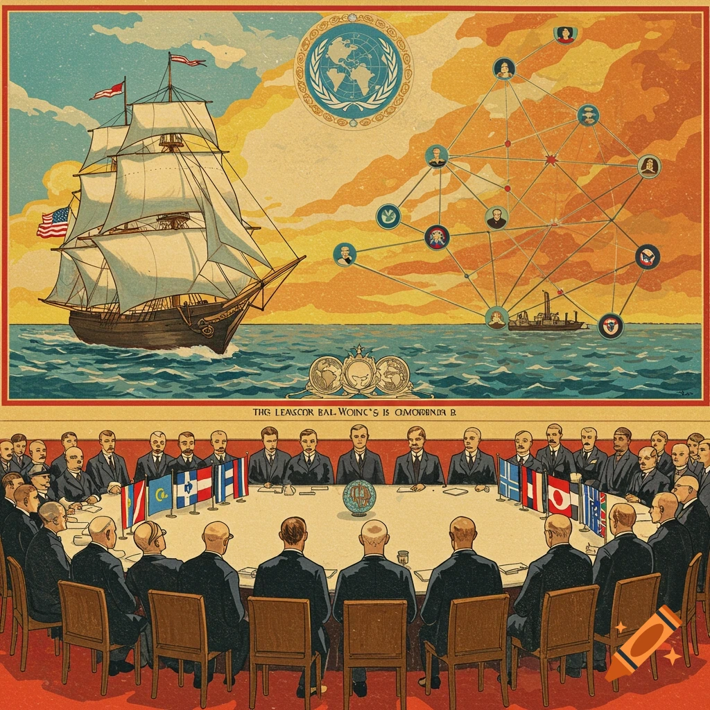 Vintage illustration of a sailing ship, a network diagram with faces, and delegates meeting around a table with flags.