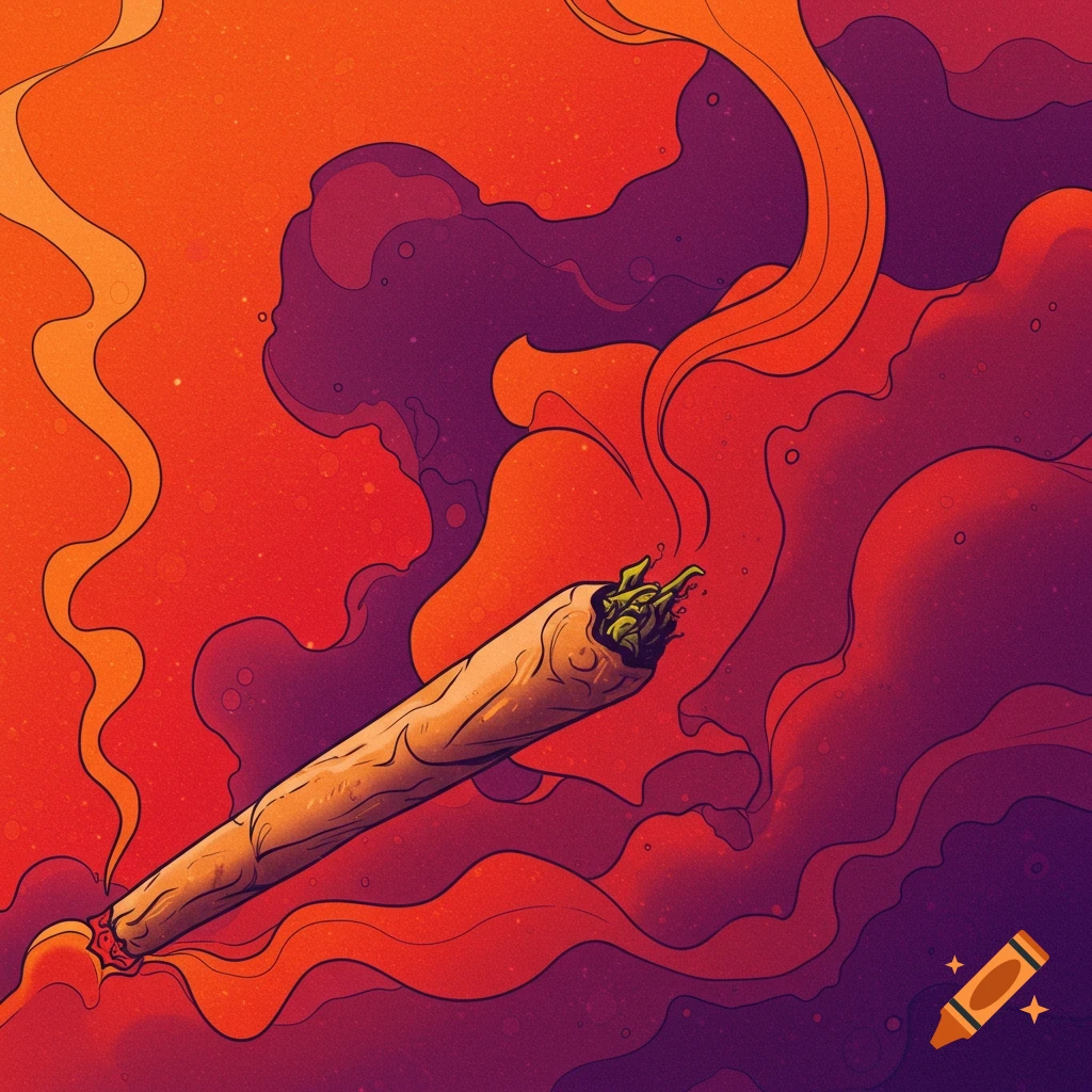 A lit marijuana joint with swirling smoke against an orange, red, and purple abstract background.
