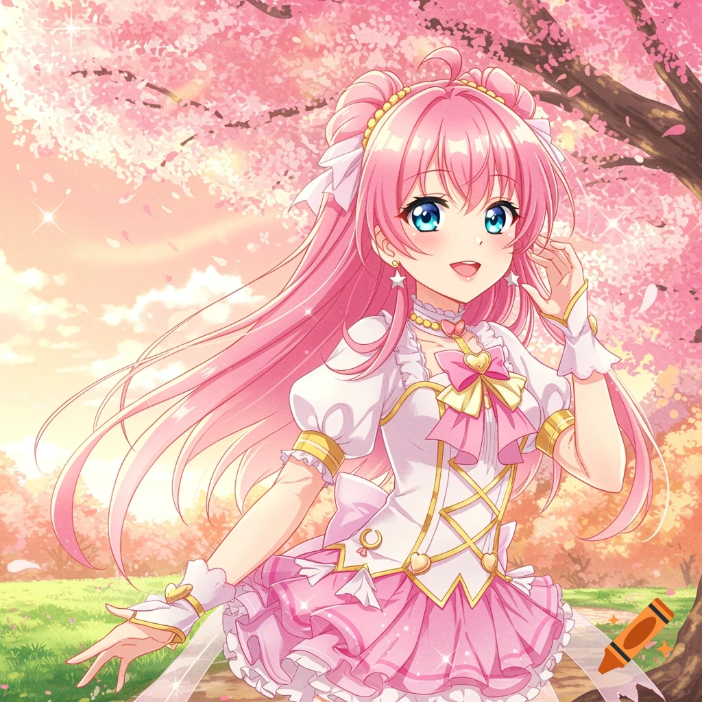 Anime girl with pink hair and blue eyes in a pastel dress under a cherry blossom tree.