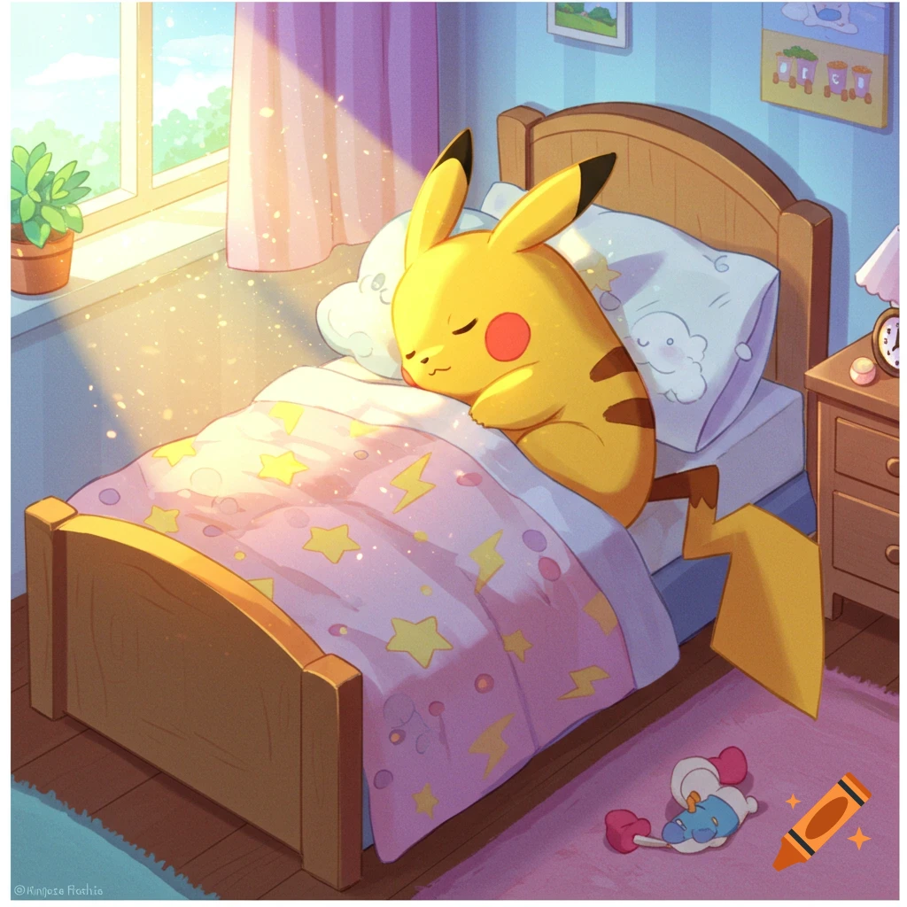 Pikachu sleeping peacefully in a sunlit bed.