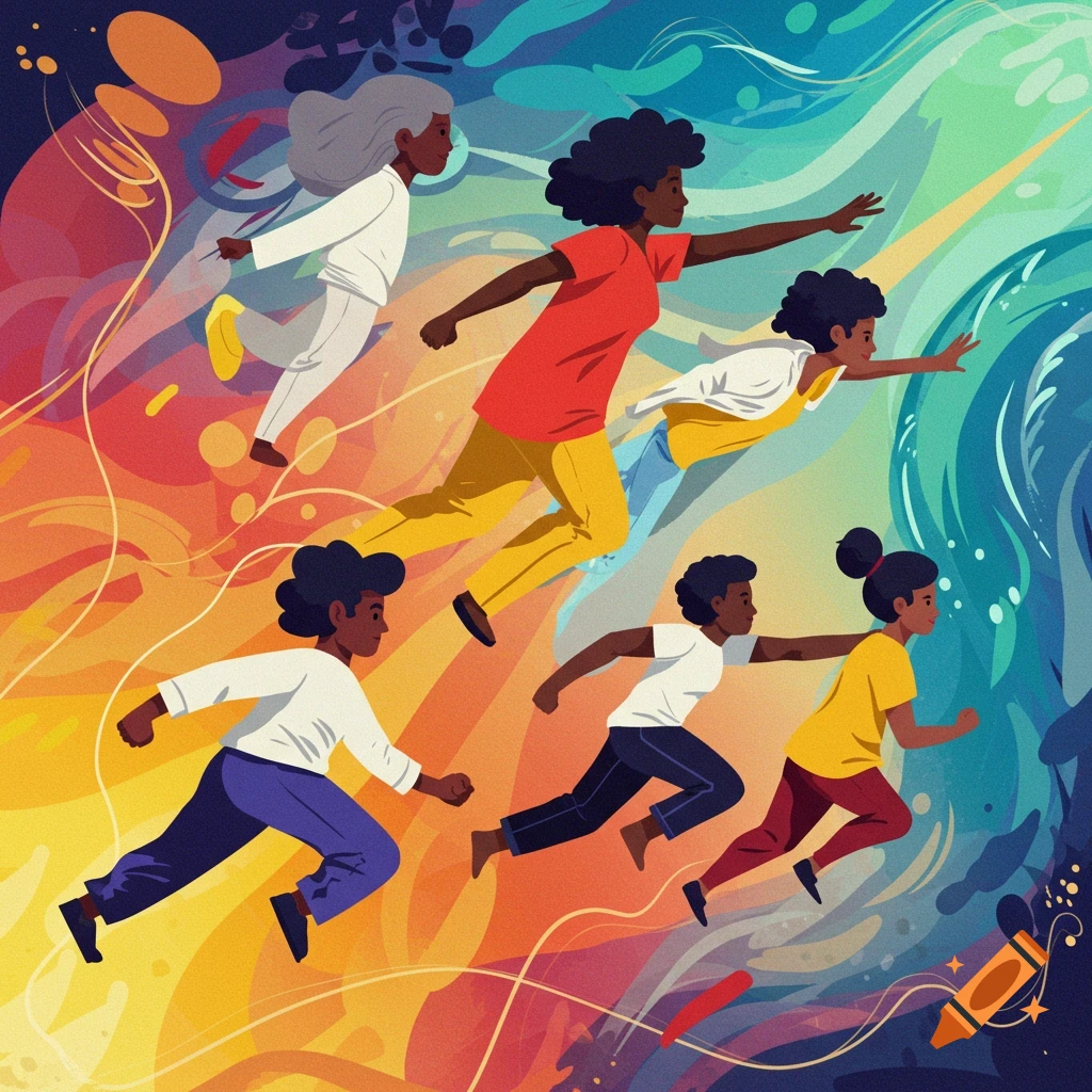 Several people in dynamic poses fly against a vibrant, abstract background.