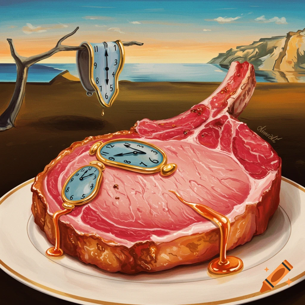 A surreal image in the style of Salvador Dali featuring a pork chop with melting clocks on a plate in a landscape.