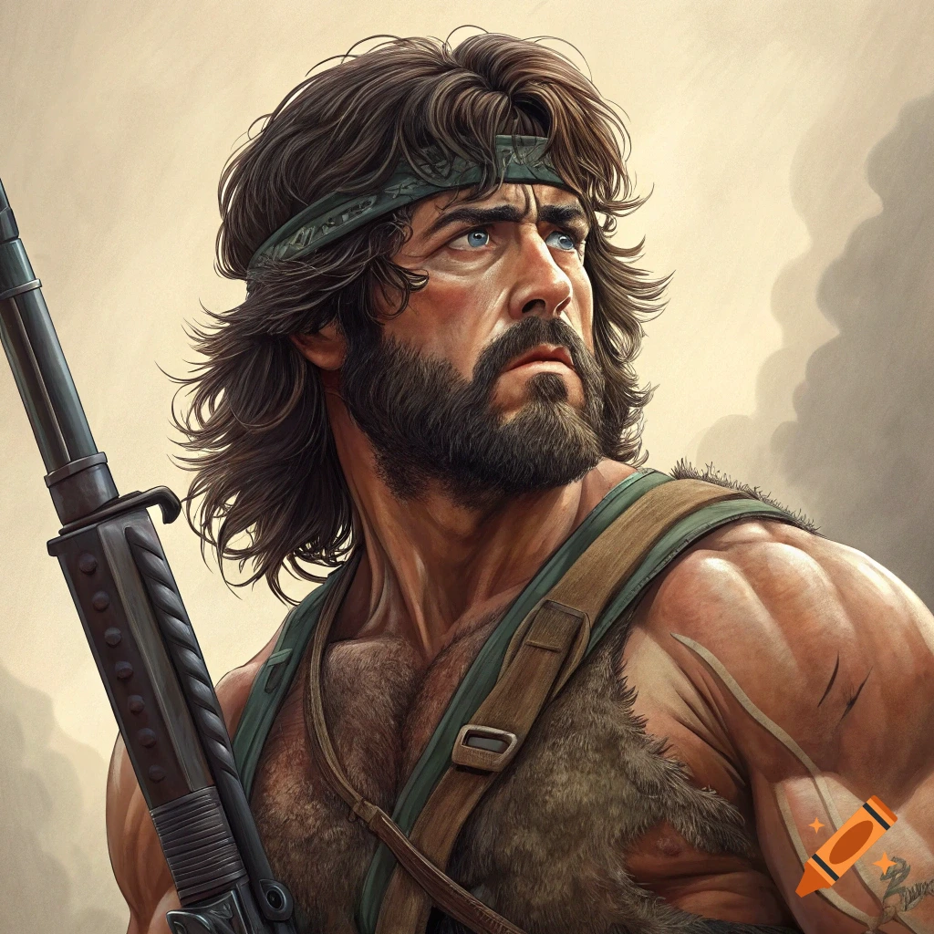 Illustration of a muscular man resembling Rambo with a beard, holding a rifle, looking into the distance.