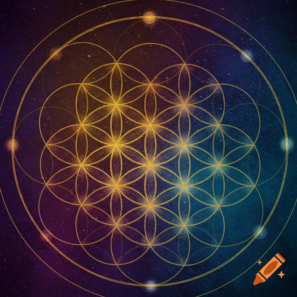 Sacred geometry Flower of Life symbol over a colorful cosmic background