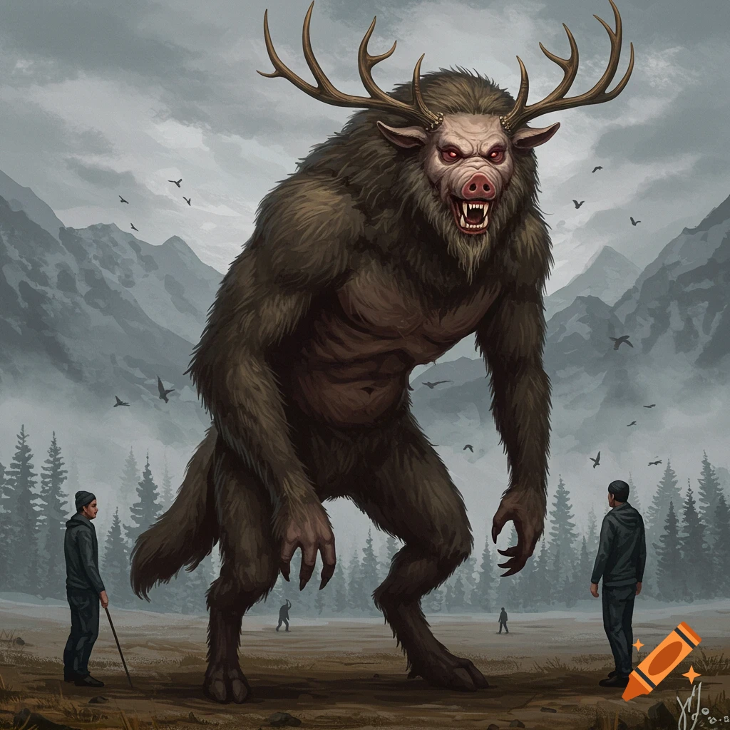A large furry monster with antlers and a wolf/pig face stands in a mountain forest landscape, facing small human figures.