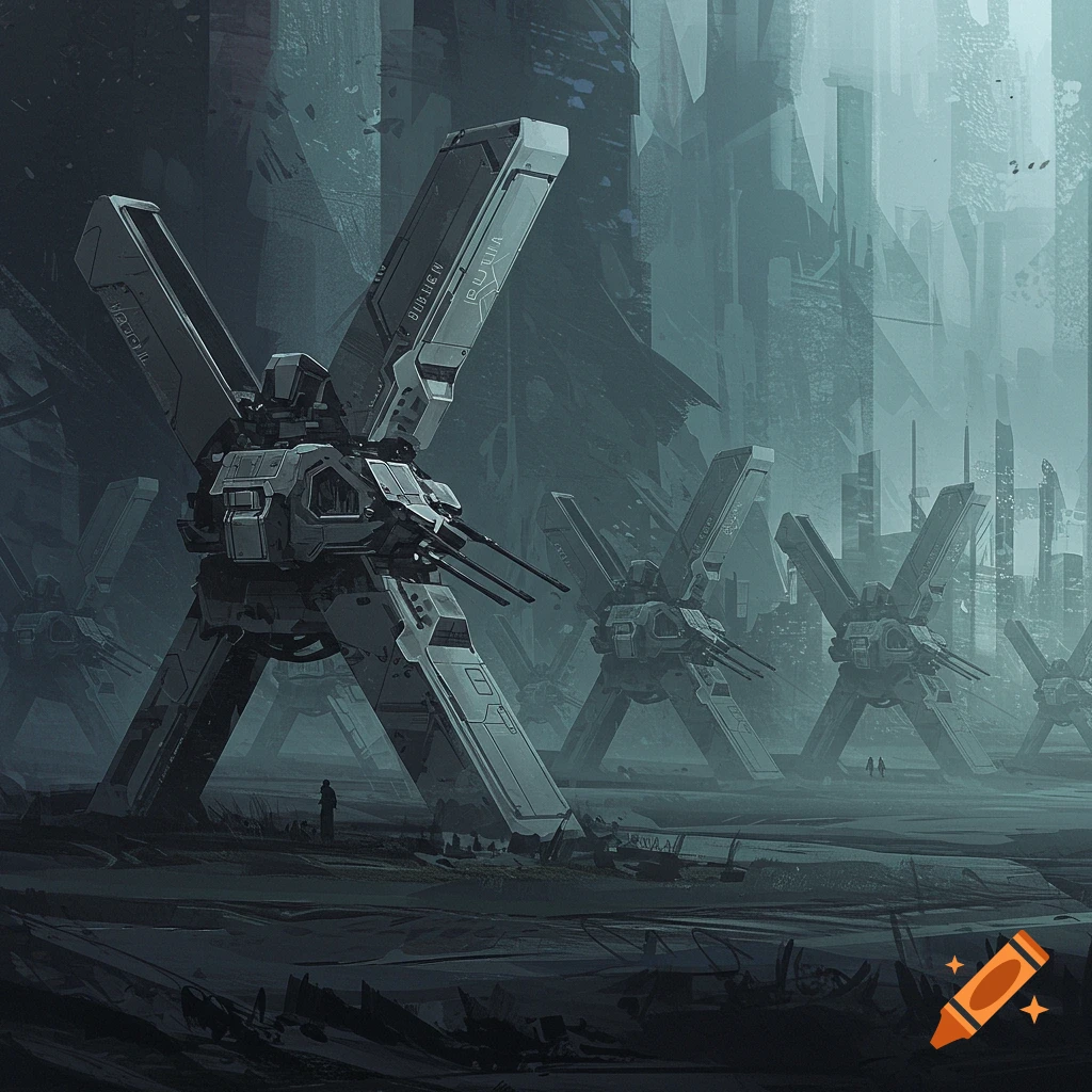 Large sci-fi mechs stand in a desolate landscape with distant city ruins.