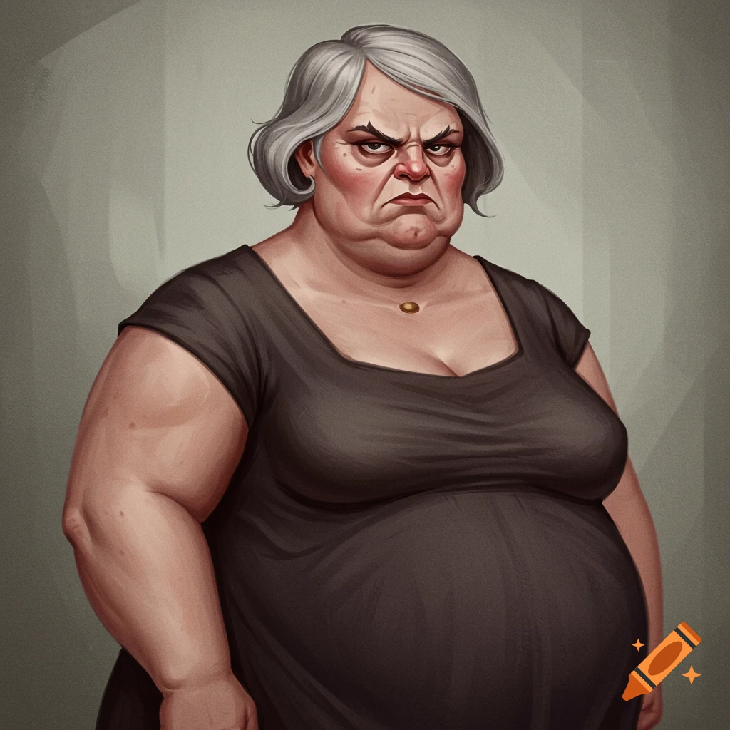A grumpy-faced woman with a gray bob.