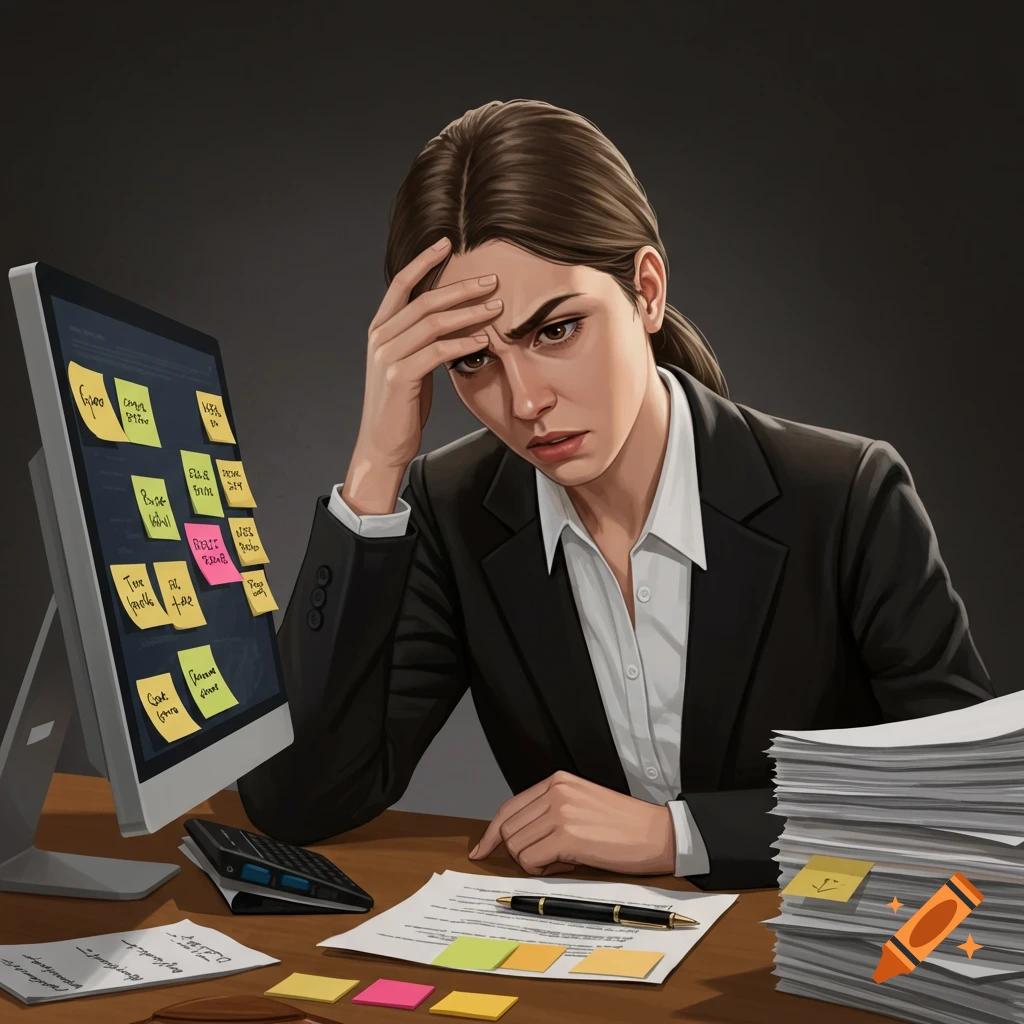 A stressed woman is at a desk with a computer covered in sticky notes and stacks of paper.