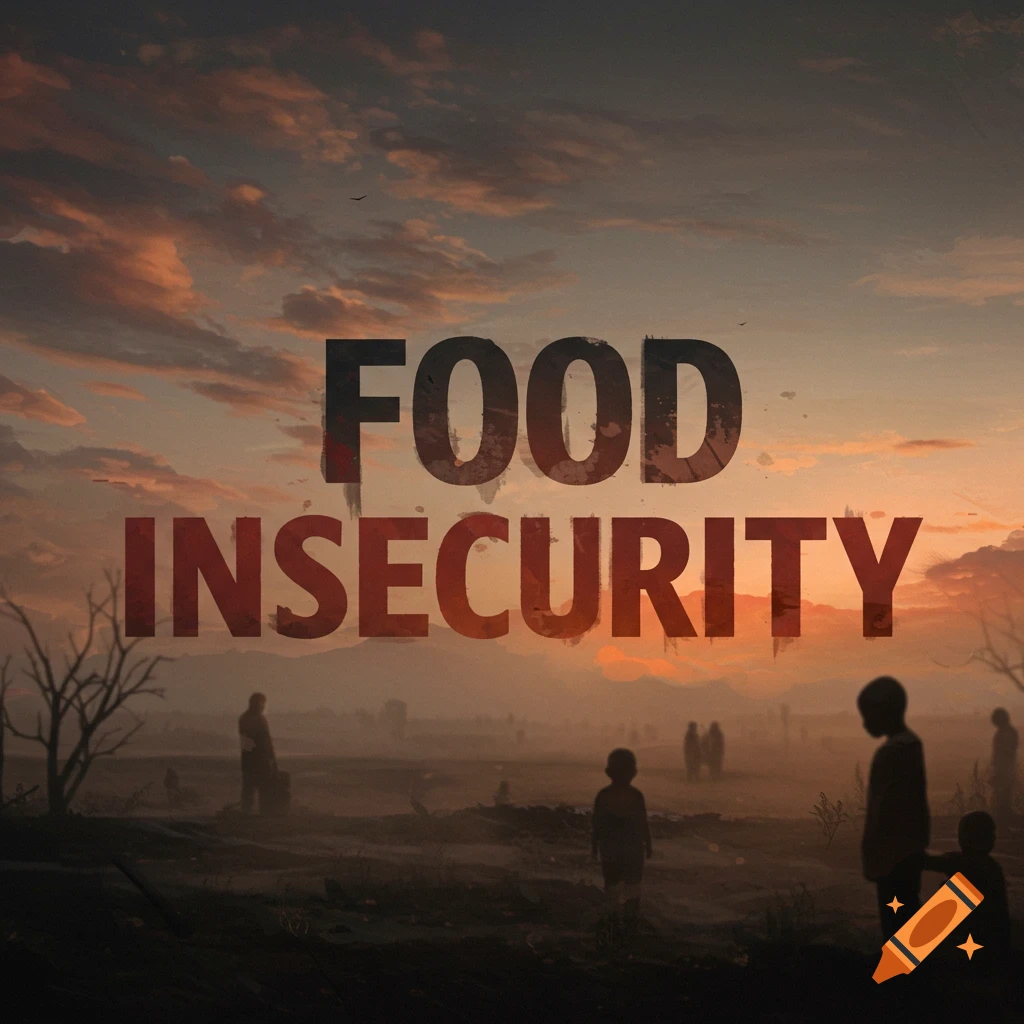 Silhouetted figures in a barren landscape under a sunset with the words 'FOOD INSECURITY'.