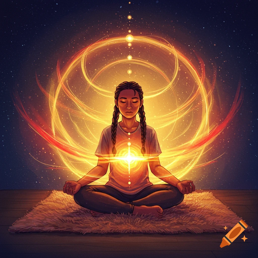 A person meditating on a rug, surrounded by glowing light and cosmic patterns.