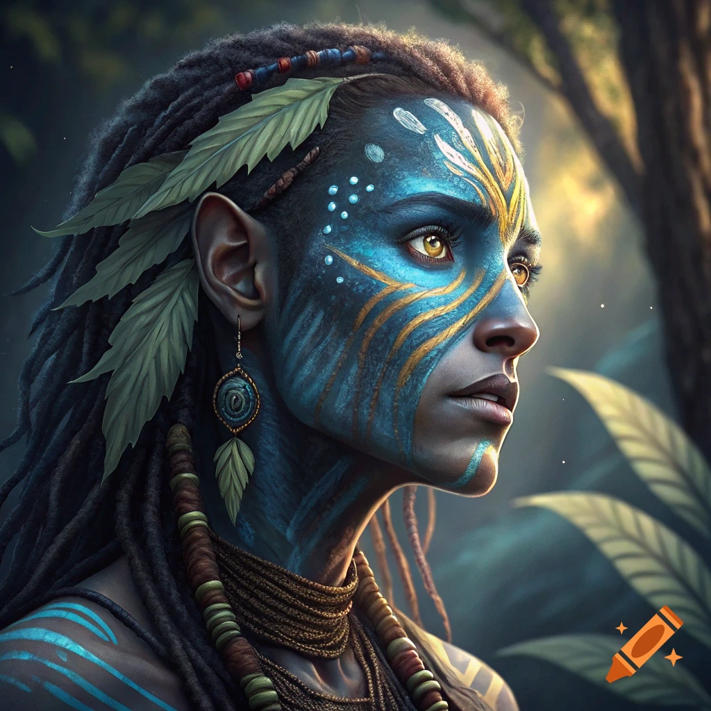 Profile portrait of a character resembling a Na'vi, with blue skin, yellow eye, face paint, and dreadlocks, looking into a jungle.