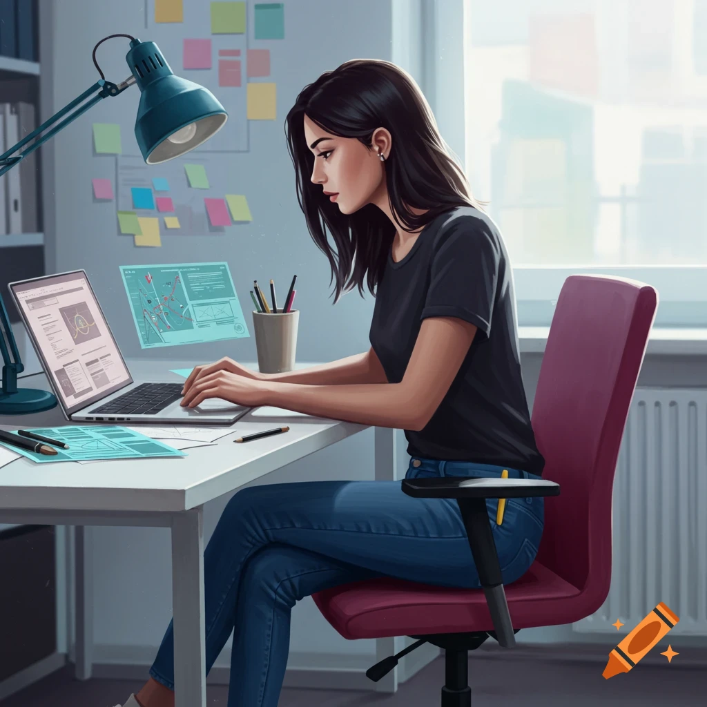 A woman works on a laptop at a desk.