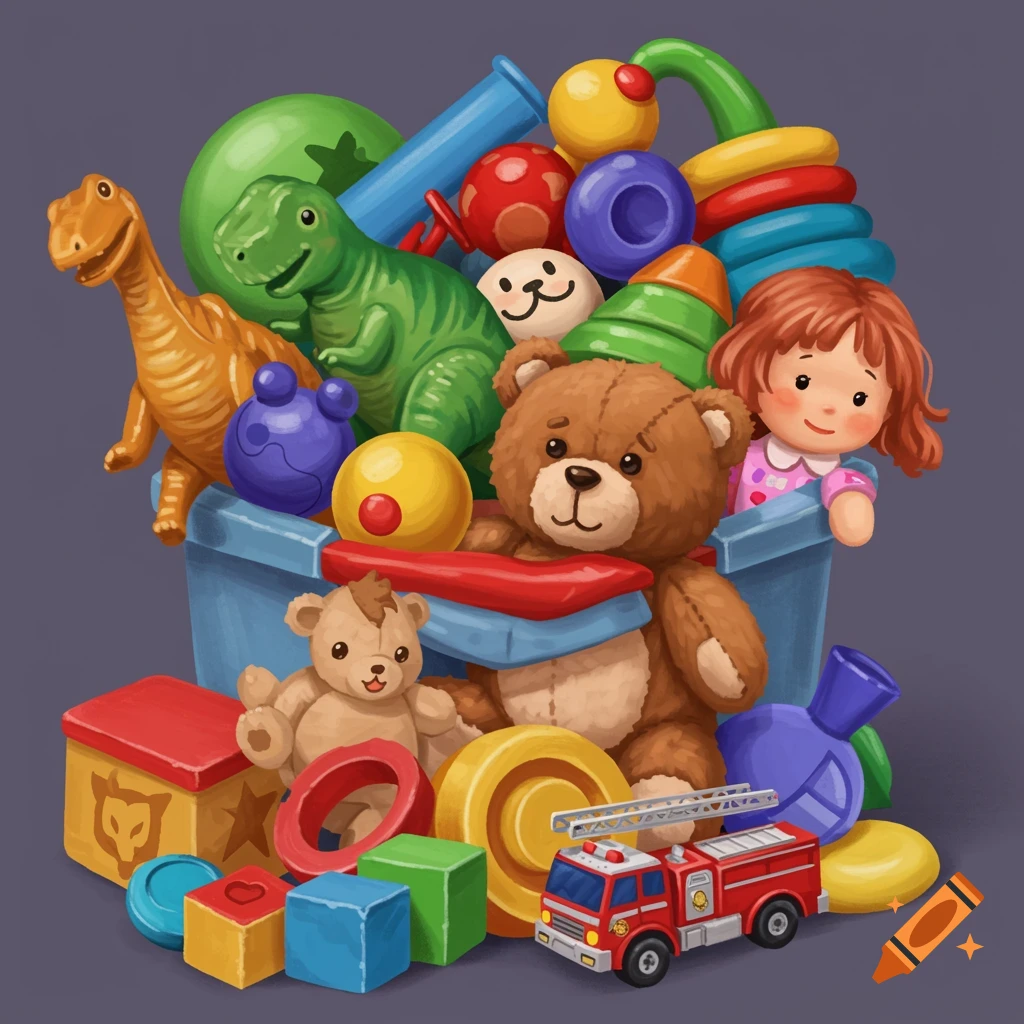 A bin overflowing with colorful toys including dinosaurs, teddy bears, and a fire truck.
