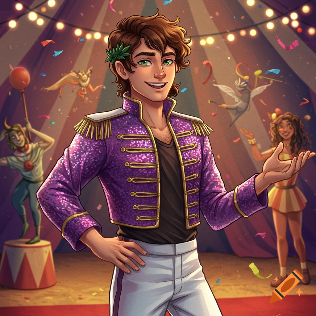 A young man with brown hair and green eyes in a purple jacket at a circus.