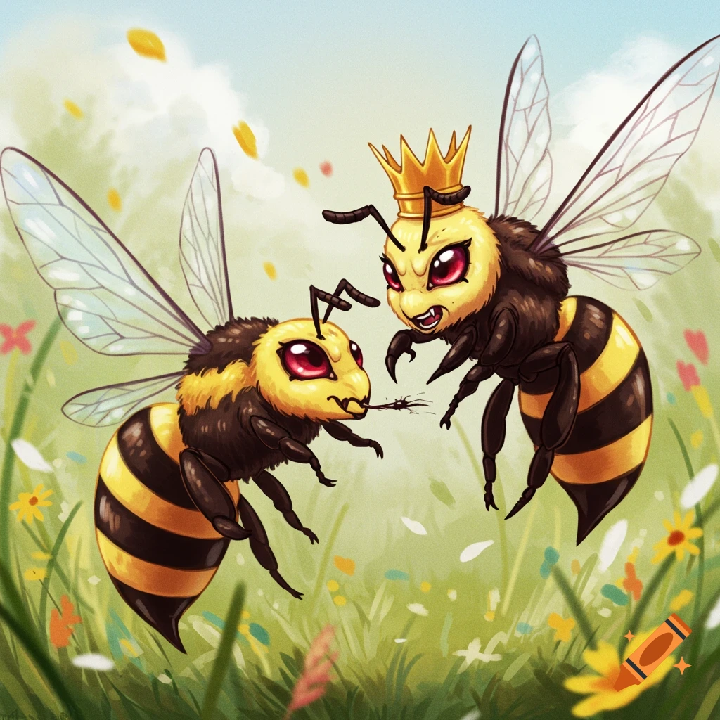 Two cartoon bees in a field, one wearing a crown. Digital illustration in anime style.