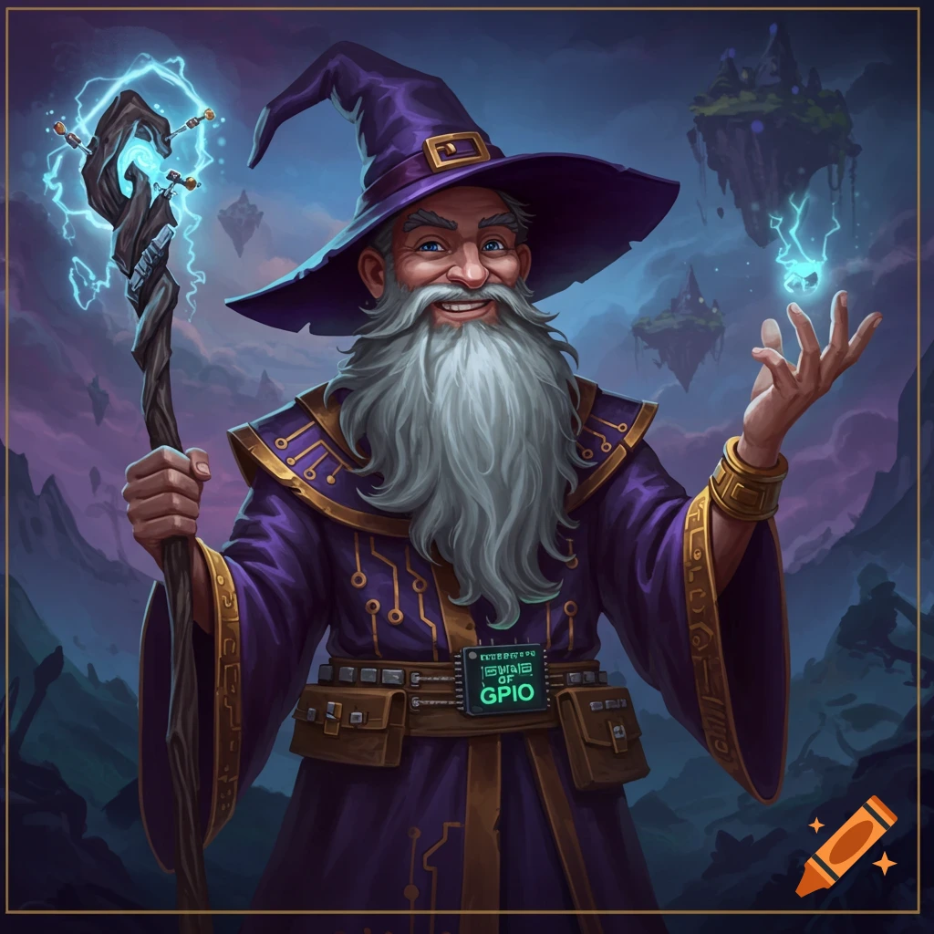 A smiling wizard in a purple robe adorned with intricate circuitry holds a glowing staff, from which magic is being cast. Floating islands populate the backdrop.