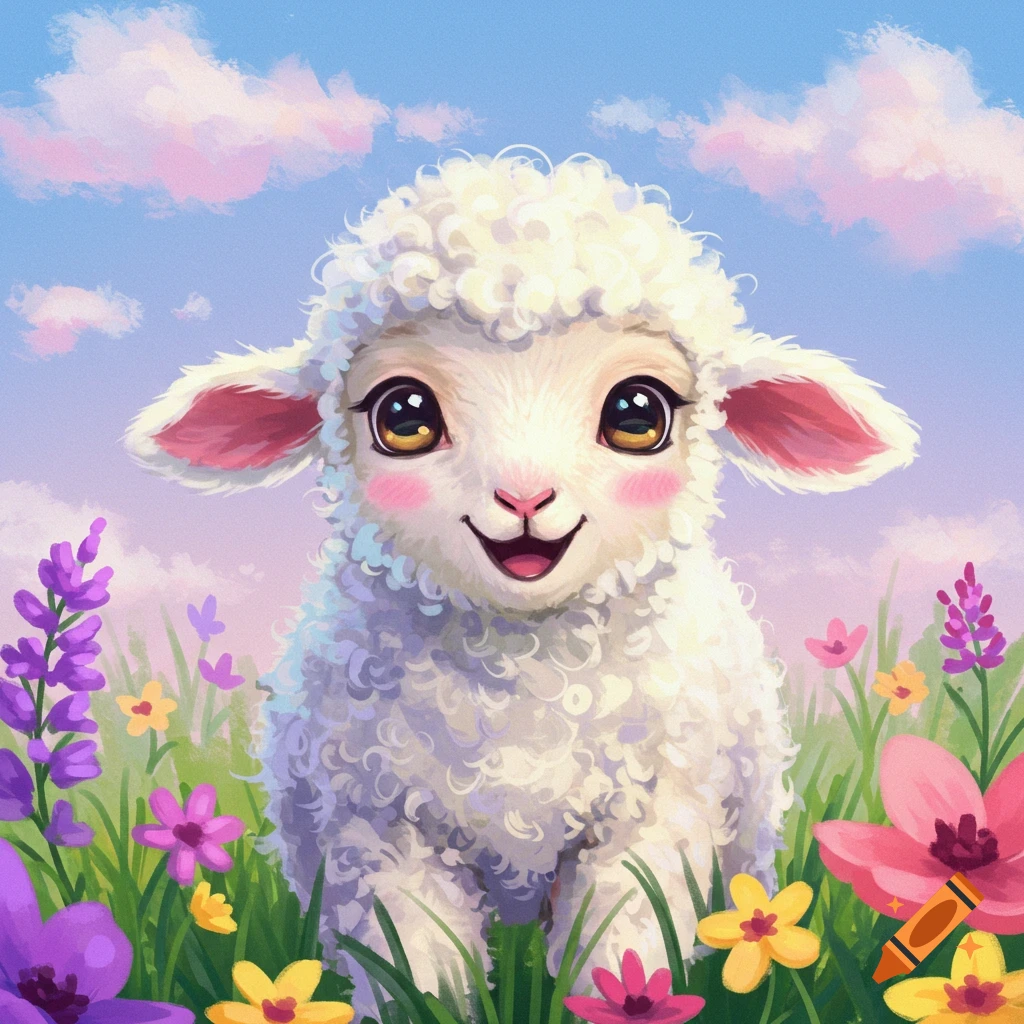 A cute lamb sitting in a field of colorful flowers under a blue sky.