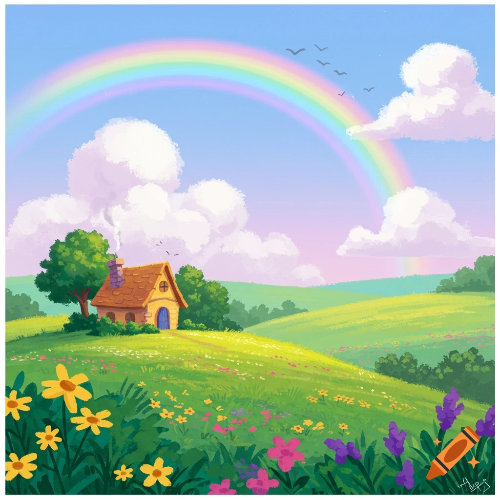 A cartoon landscape with a small house on a hill, a rainbow, clouds, and a field of colorful flowers.