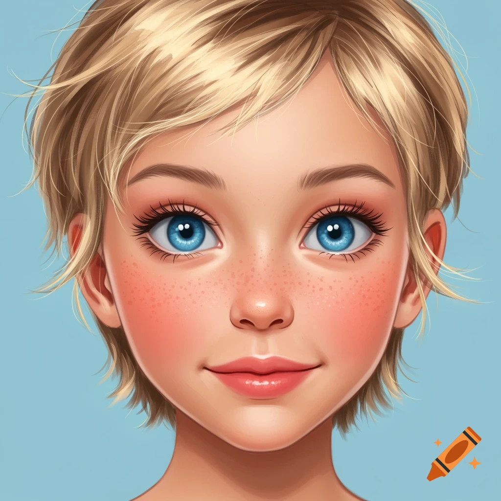Cartoon portrait of a young girl with blonde hair, blue eyes, and freckles on a blue background.