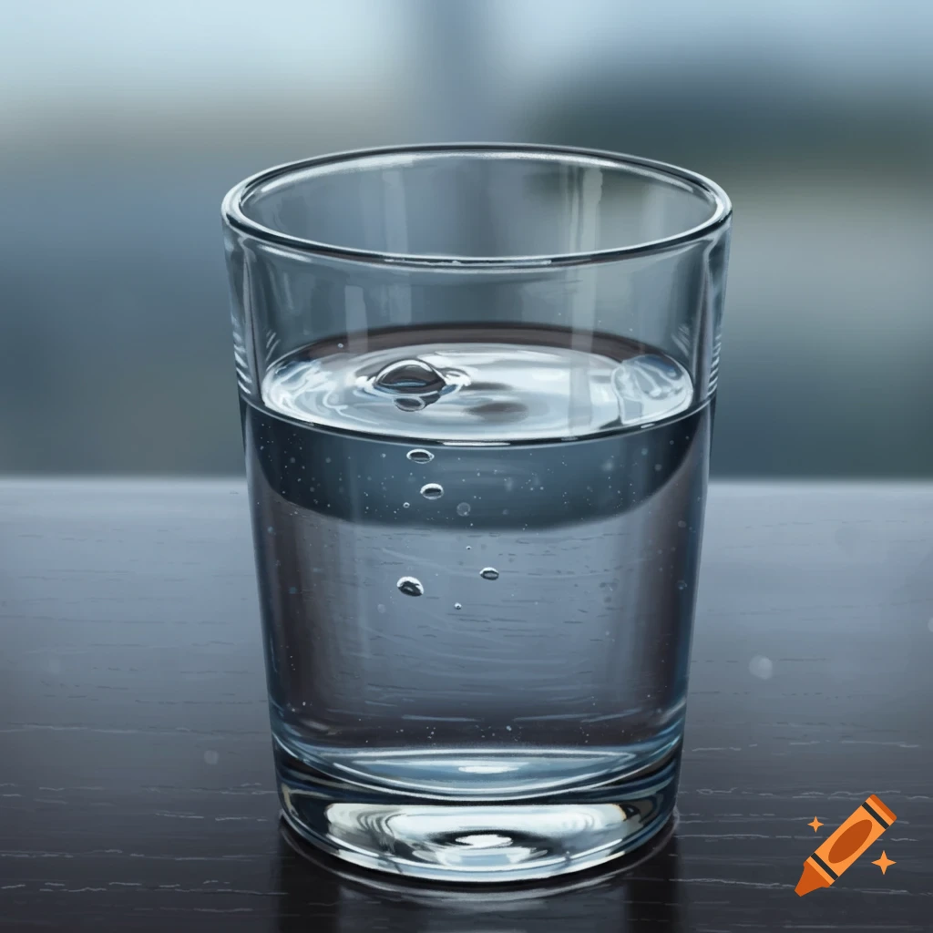 A glass of water on a table.