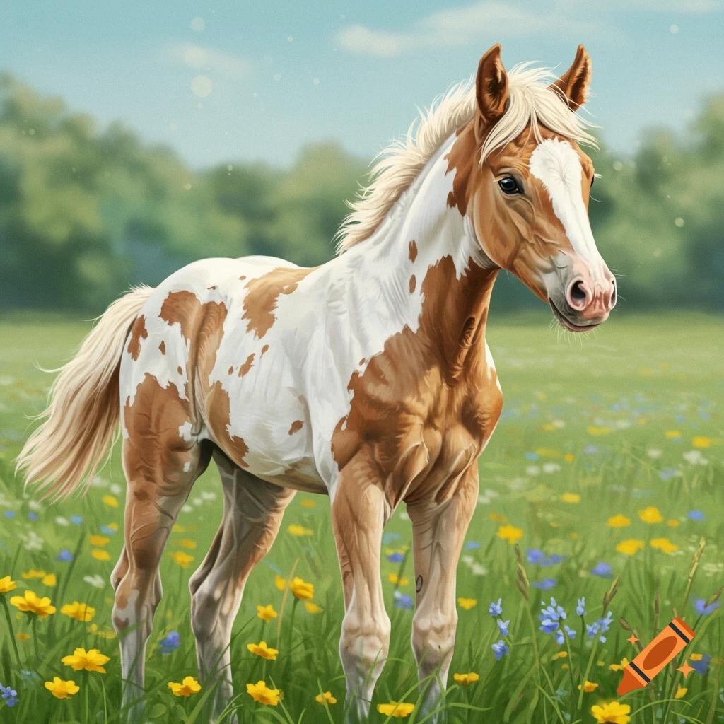 A paint horse foal stands in a field of wildflowers.