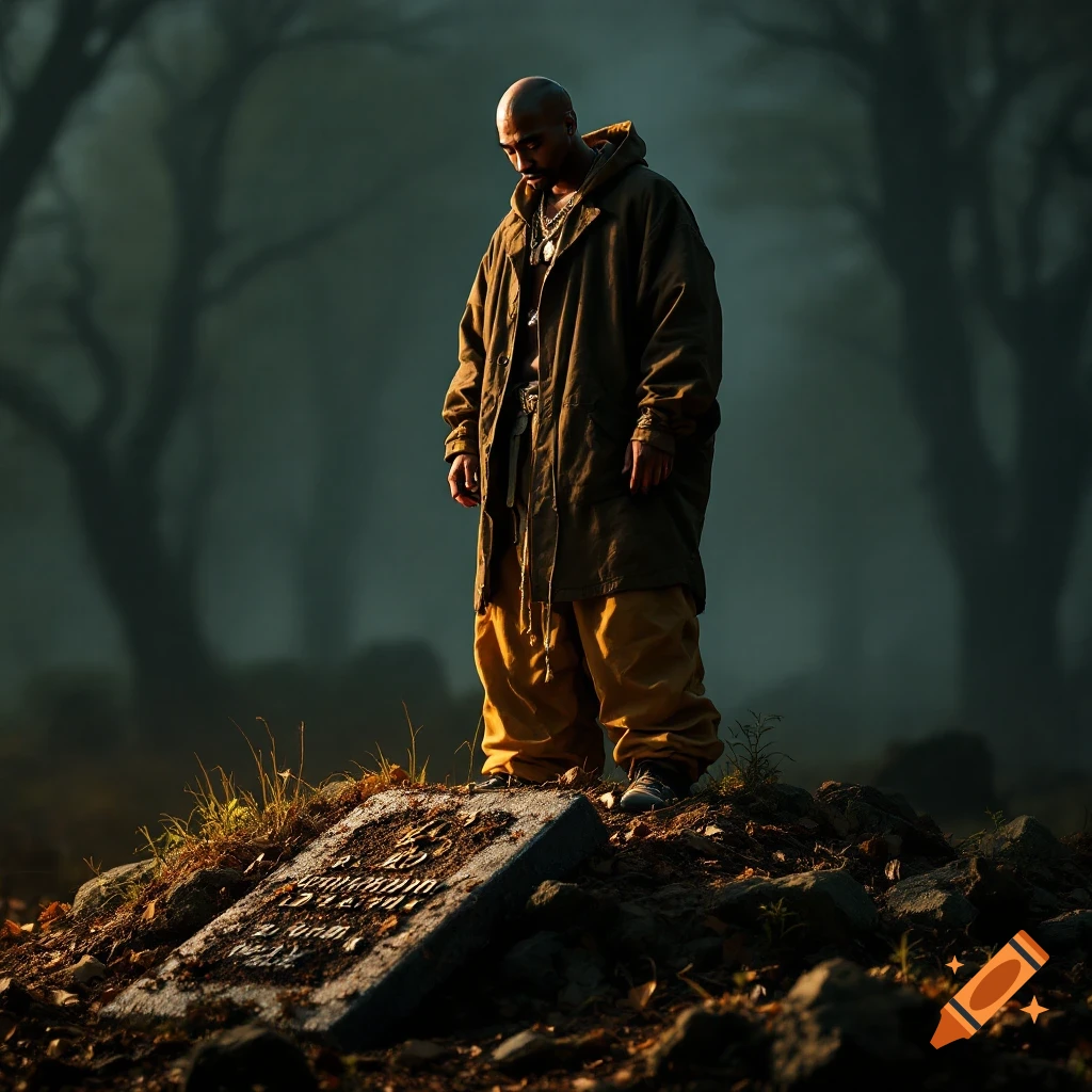 A bald man in a hooded jacket stands sadly over a tombstone in a foggy forest.