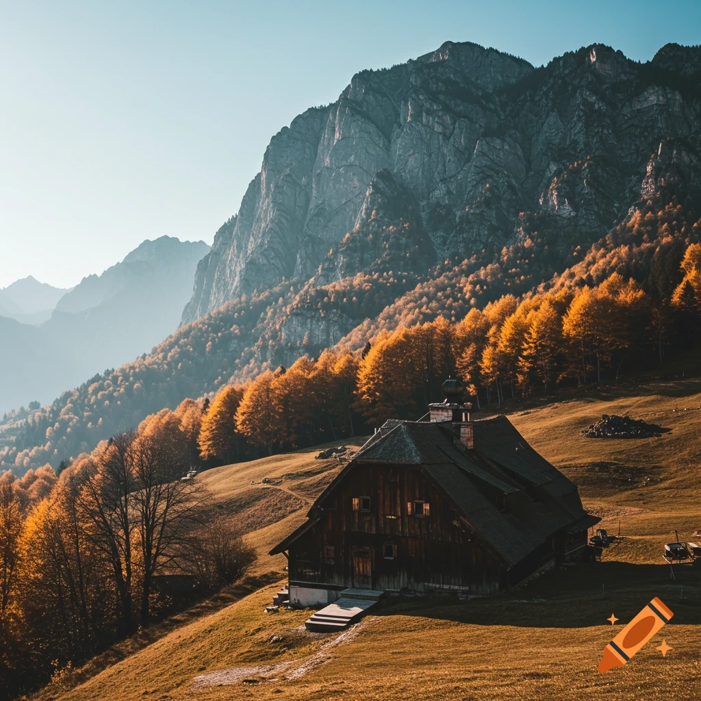A wooden cabin sits on a grassy hill in a mountain landscape during autumn, with trees displaying orange foliage.