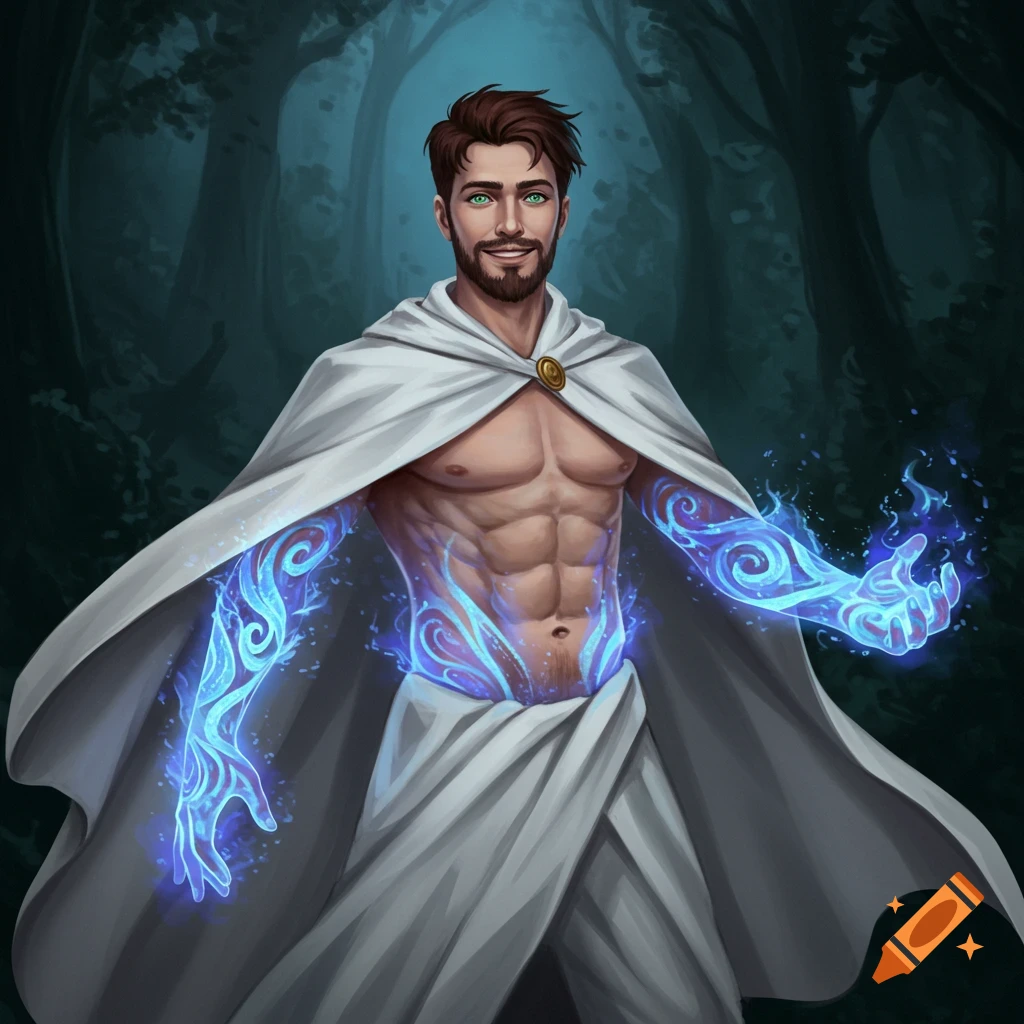 A man with glowing blue magic on his hands and torso stands in a forest.