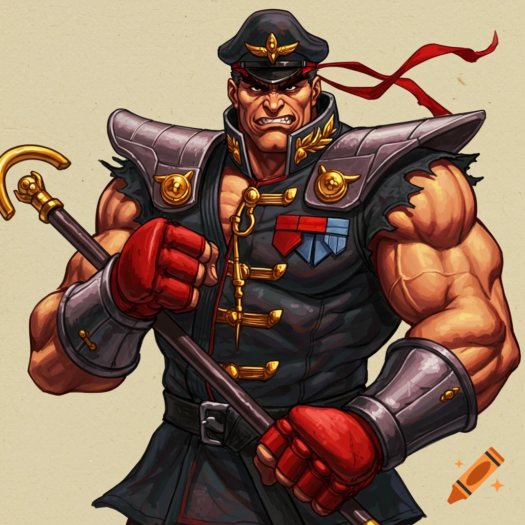 Image of a muscular man in military gear and red gloves holding a staff.