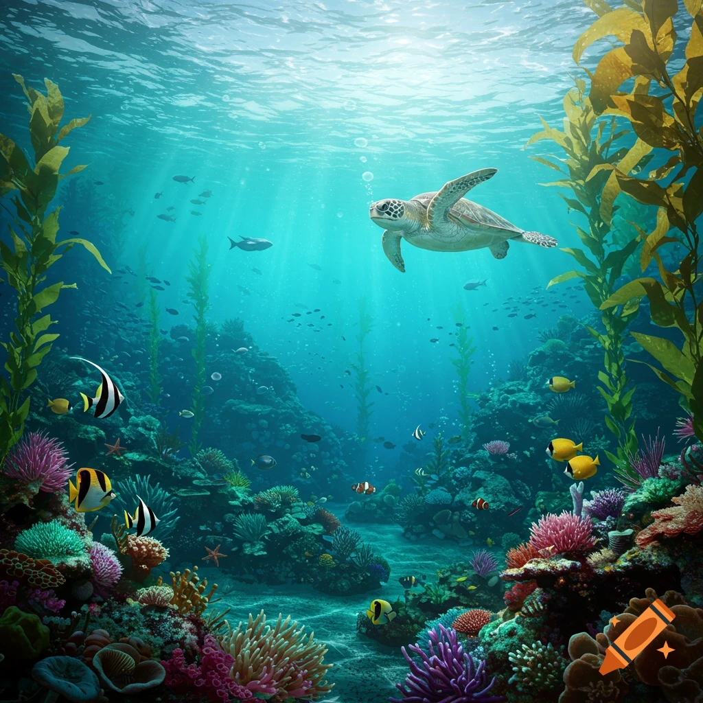 An underwater scene with a sea turtle swimming above colorful coral, fish, and kelp.