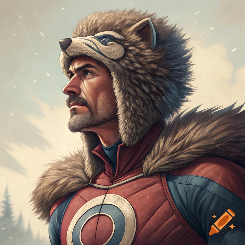 Portrait of a man in a red and blue superhero suit and a furry wolf head hat, looking left in a snowy landscape.