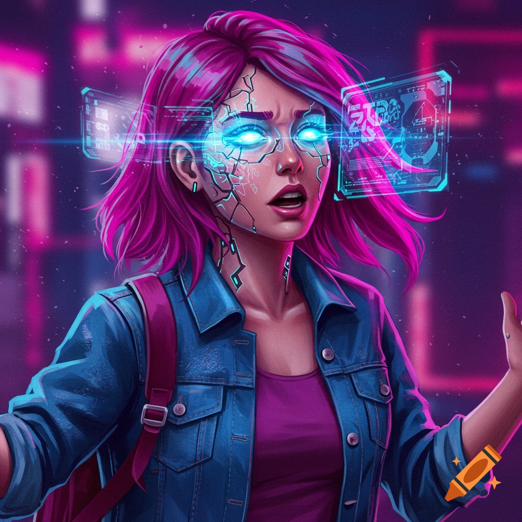 A young woman with pink hair and glowing eyes has circuitry on her face, and looks distressed. Holographic screens surround her head in a neon city.