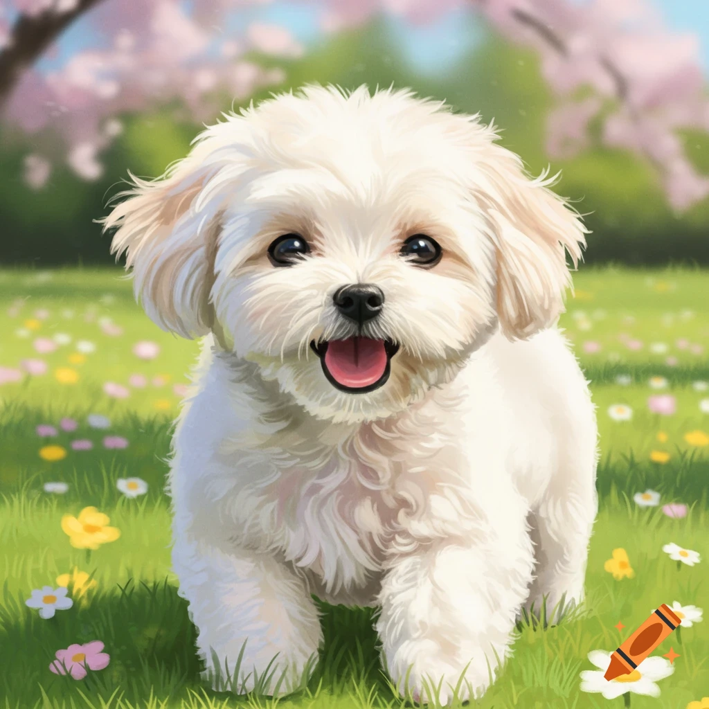 A fluffy white dog smiles in a field of flowers.