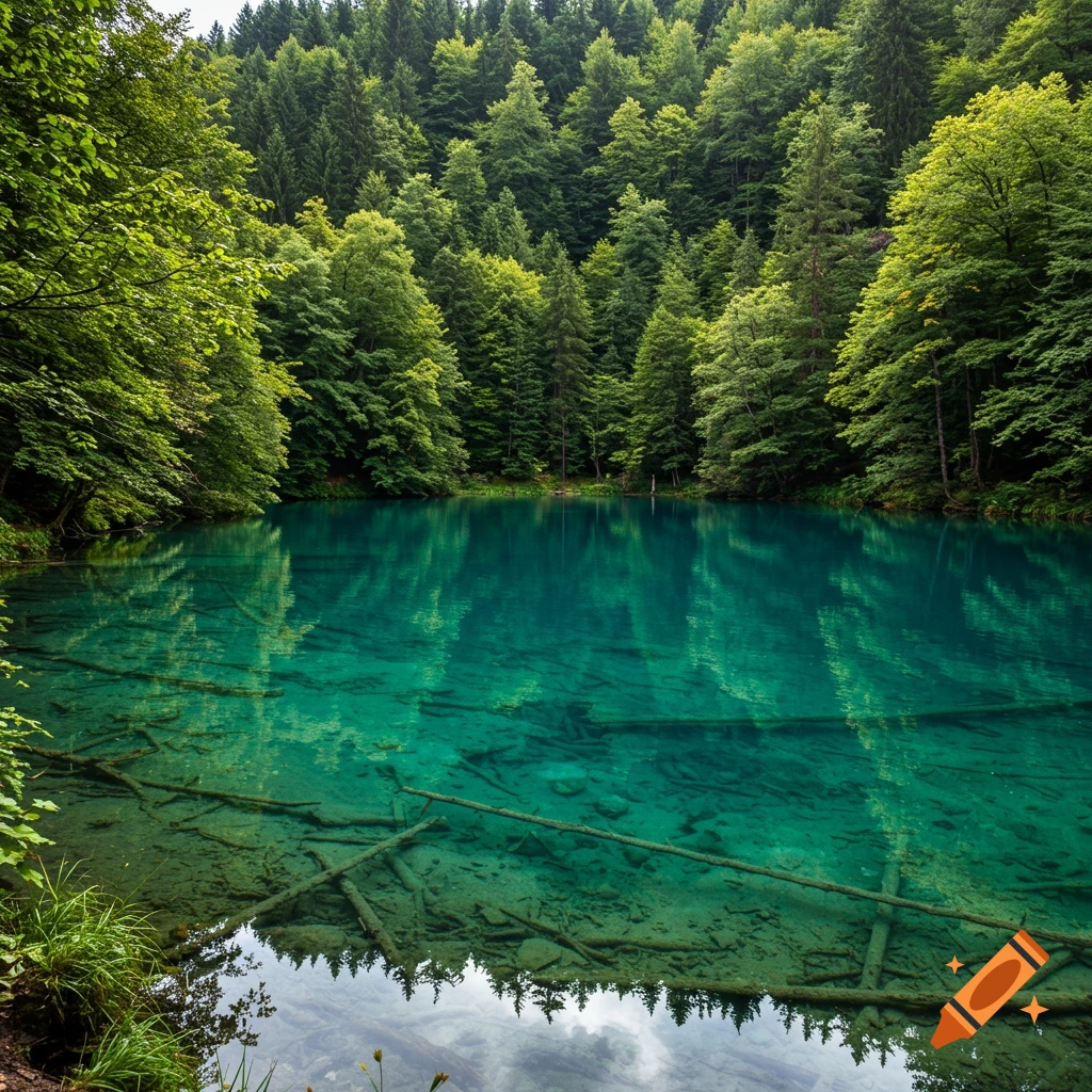 A clear blue-green lake surrounded by a dense green forest with logs visible underwater.