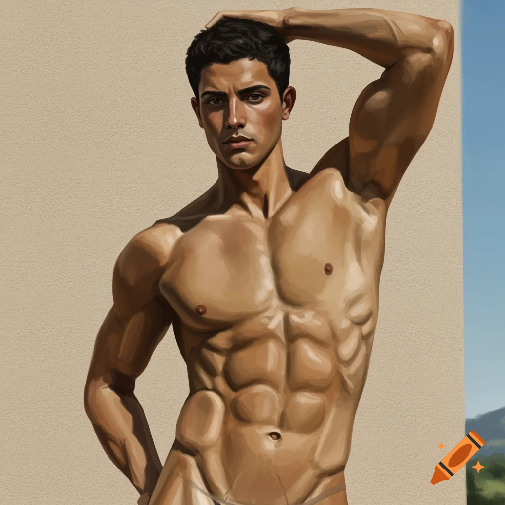 Image of a muscular man based on a classical sculpture, with one arm raised.
