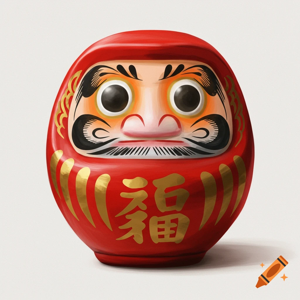A traditional red Japanese Daruma doll.