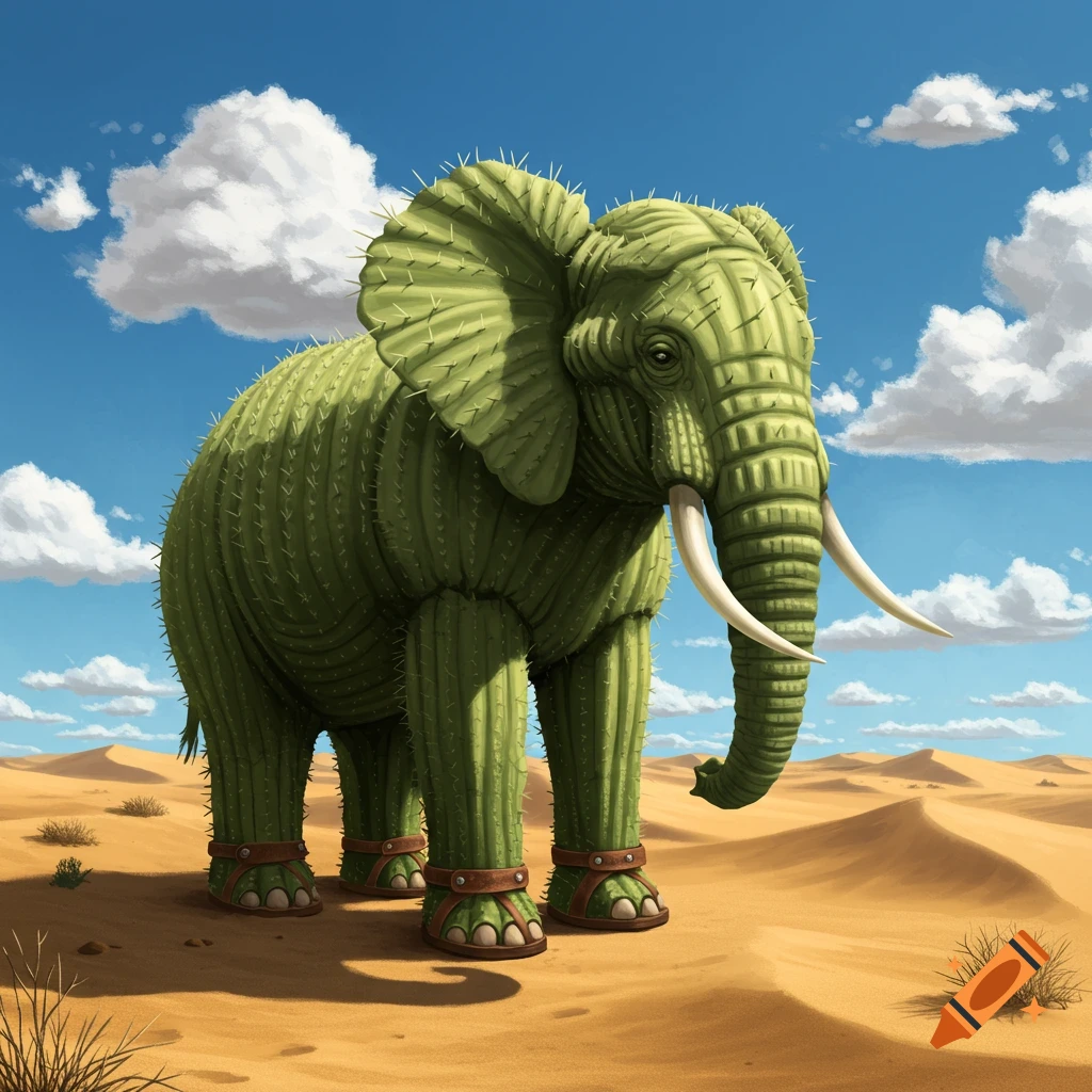 A green elephant shaped like a cactus wearing sandals, standing in a desert.