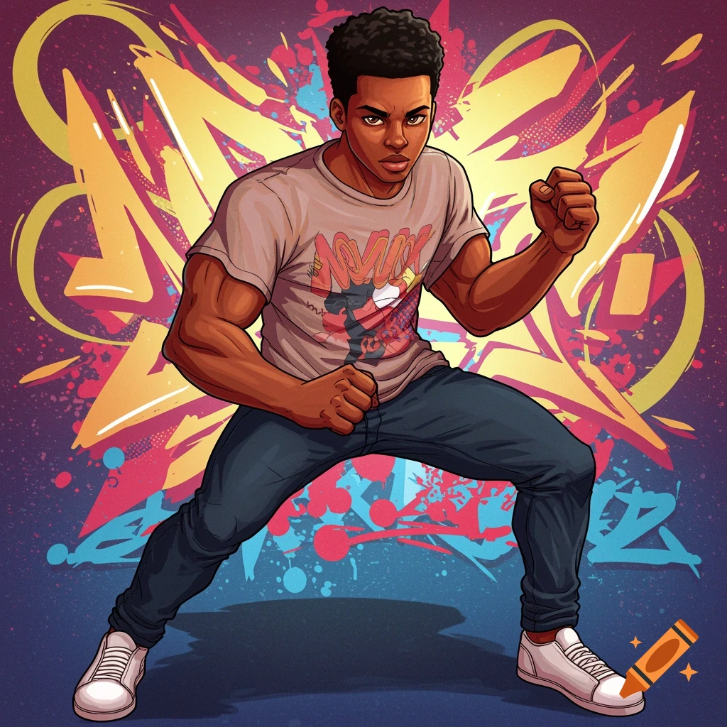 Young Black man in comic book style poses with fists ready against vibrant graffiti background.