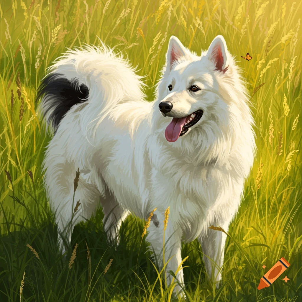 A white dog with a black tail standing in tall grass