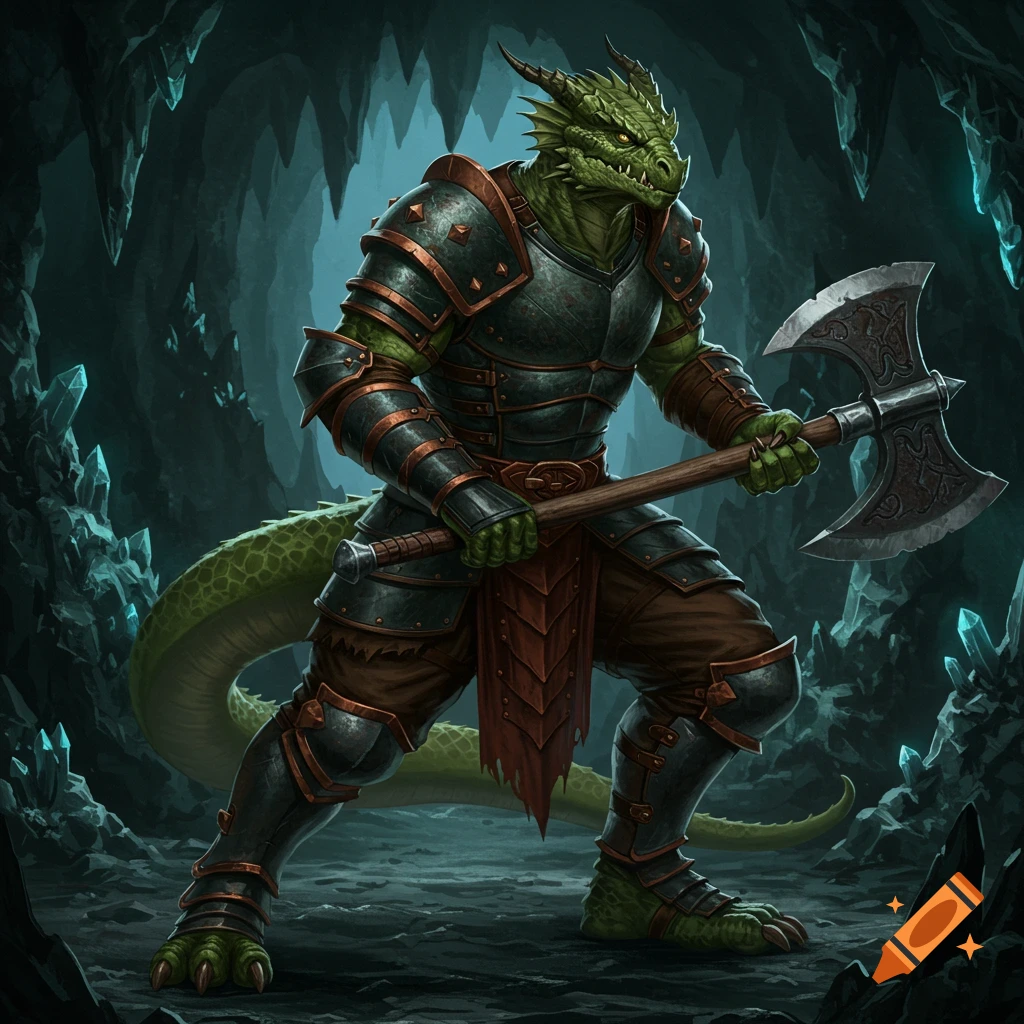 A green dragonborn character in dark armor holds a large double axe in a cave.