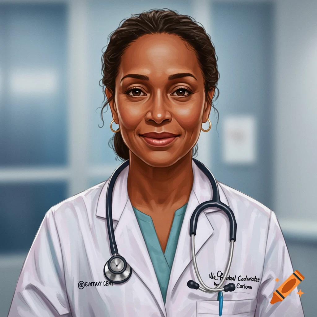 Smiling female doctor in a lab coat with a stethoscope.