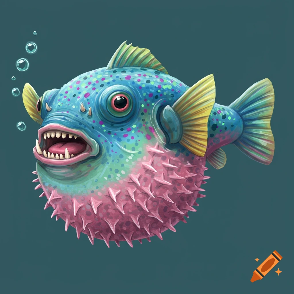 A colorful, stylized pufferfish with large teeth and spikes, with bubbles.