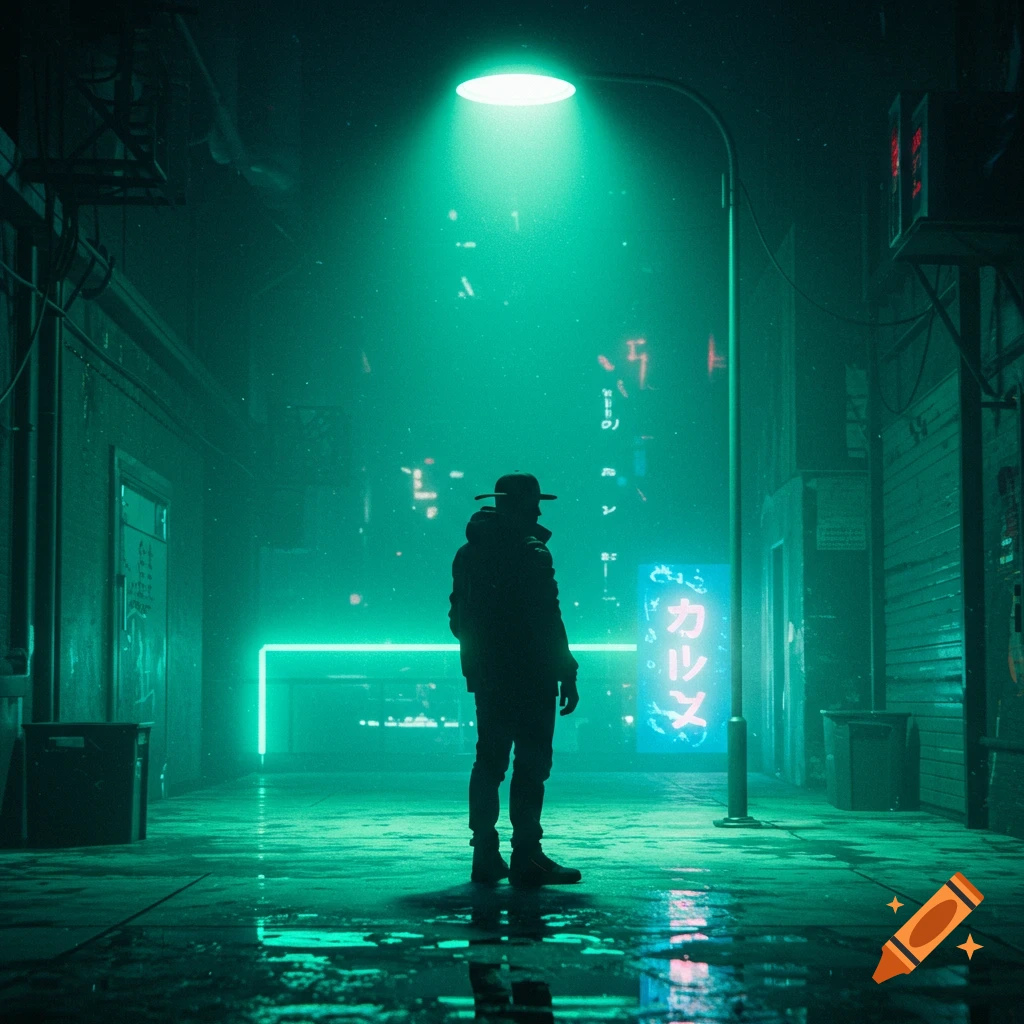 A silhouette figure stands under a streetlight on a neon-lit street.