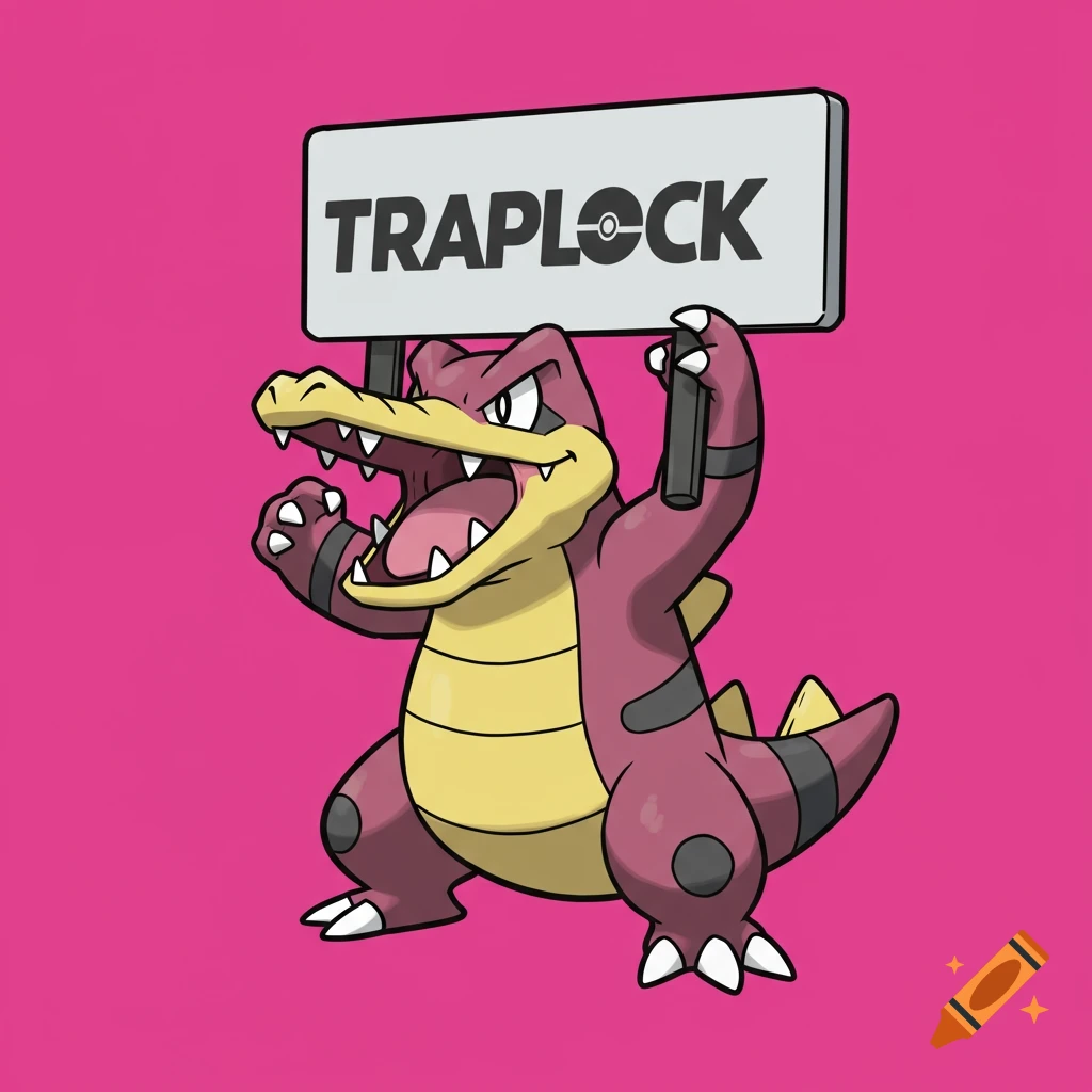 A cartoon crocodile holds a sign that says TRAPLOCK on a pink background.