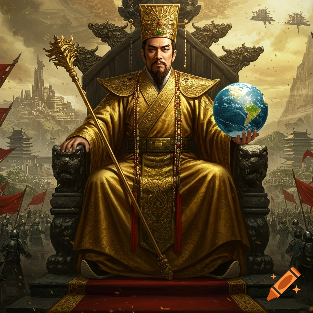 A Chinese emperor sits on a throne holding a globe, with soldiers and a city in the background.